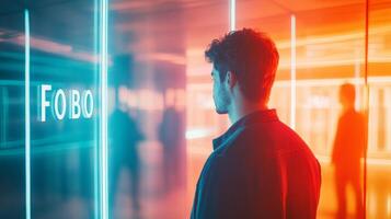 A man stands in front of a mirror, viewing various versions of himself while contemplating career choices, FOBO concept photo