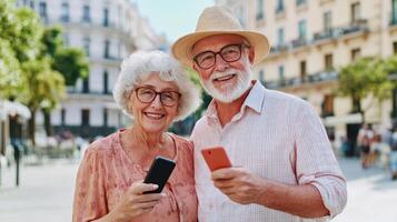 Elderly couple enjoys a lighthearted travel moment while posing near a landmark with their phones photo