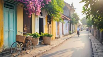 Cyclists glide through a quaint village with baskets of fresh produce, embracing mindful travel and wellness photo
