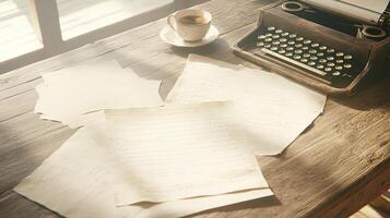 Crumpled papers and a vintage typewriter on a desk show the chaos of late-night creativity photo
