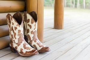 Colorful cow print boots are placed on the wooden porch, adding charm to the rustic country house atmosphere photo