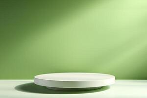 Minimal abstract white podium as a showcase for product display against a green wall background with shadow photo