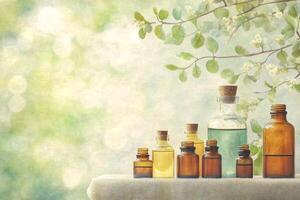 Essential oil bottles glimmer on linen, surrounded by greenery, evoking a tranquil vibe photo