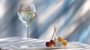 A gourmet cocktail with a mini appetizer is elegantly served, featuring stylish glass reflections and colors, snacktail concept photo