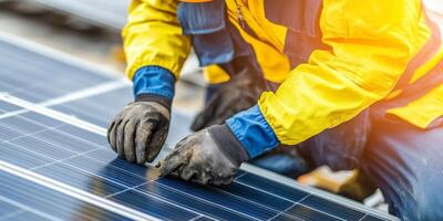 Engineers in professional gear inspect newly installed solar panels for quality and efficiency photo