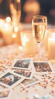 Scattered Polaroids hint at joyful memories, surrounded by wax drips and celebratory chaos photo