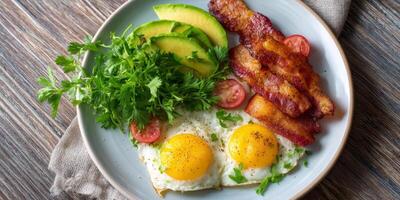 Brightly lit keto breakfast with eggs, bacon, avocado, and fresh herbs on a wooden surface photo