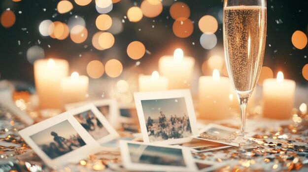 Polaroid pictures from a lively gathering scatter across the table alongside glowing candles photo