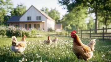 Chickens peck at the ground in a garden near a modern French house bathed in afternoon light photo