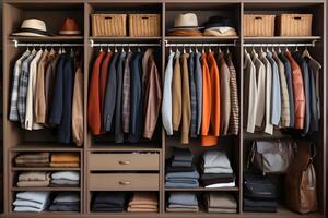 Men's clothing neatly laid out and sorted on shelves in an open closet photo