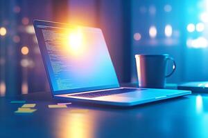 A freelancer is immersed in work at a dimly lit desk, energizing with coffee and surrounded by glowing notes photo