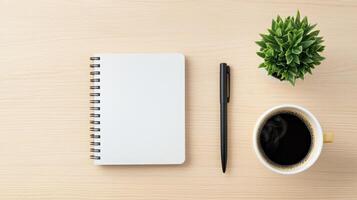 Minimalist workspace with open notebook and coffee home office still life modern design top-down view productivity concept photo