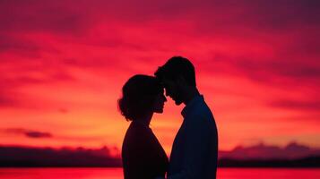 Sunset embrace of a romantic couple beachside silhouette photography vibrant atmosphere close-up view love concept photo