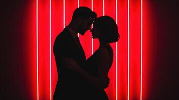 Couple dancing in a dimly lit room crimson lighting romantic scene intimate atmosphere close-up view love concept photo