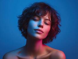 Contemplative woman in elegant pose studio portrait photography artistic close-up expression photo