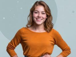 Cheerful young woman smiling with hands on hips studio portrait neutral background front view confidence photo