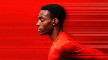 Athletic action of runner in red sports uniform urban setting dynamic photography intense movement photo