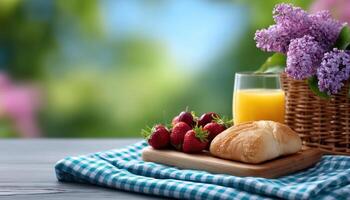 Charming picnic scene with fresh fruits and flowers outdoors food arrangement serene garden close-up view relaxation concept photo