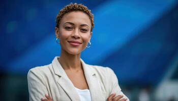 Confident businesswoman standing with arms crossed urban setting professional portrait modern environment empowering concept photo