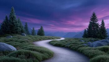 Twilight winding path through forest nature landscape dramatic viewpoint serene environment photo