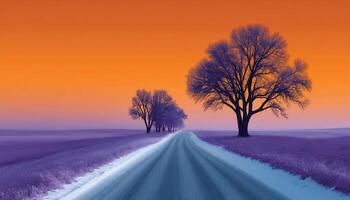 Winter road journey through barren trees snow-covered landscape serene environment artistic viewpoint photo