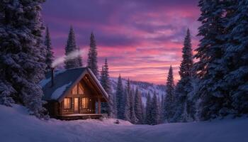 Enchanting cozy cabin with twinkling lights in winter wonderland landscape photo