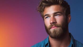 Thoughtful young man portrait studio artistic profile shot colorful background close-up emotional expression photo