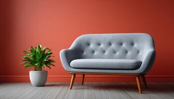 Stylish wooden sofa in muted gray fabric modern living room furniture photography cozy environment front view interior design concept photo