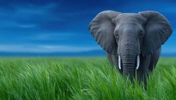 Majestic elephant grazing in lush green grasslands nature photography serene environment wide angle view photo