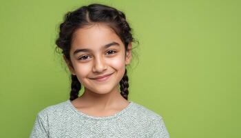 Playful smiling indian girl in standard attire indoor setting portrait photography cheerful atmosphere photo