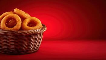 Fried onion rings in a rustic basket cozy dining setting food photography warm atmosphere close-up view appetizing concept photo