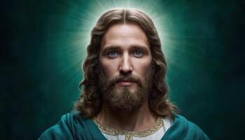 Divine symbolism portrait of jesus christ spiritual setting digital art ethereal light close-up religious inspiration photo