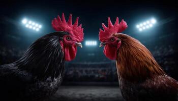 Intense rooster clash arena action shot sports environment close-up view competitive spirit photo