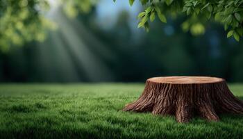 Freshly cut tree stump in a lush green meadow nature scene tranquil environment close-up view photo