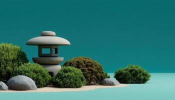 Tranquil zen garden with giant stone lantern peaceful landscape digital art serene environment low angle view photo