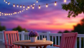 Cozy summer evening setting with string lights outdoor patio lifestyle dusk relaxation photo