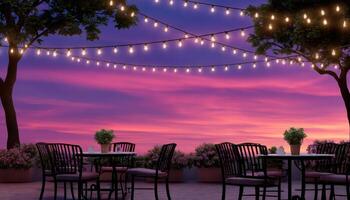 Cozy summer evening setting with string lights outdoor restaurant peaceful atmosphere scenic viewpoint romantic concept photo
