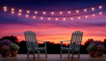 Cozy summer evening setting with string lights outdoor chairs vibrant sunset relaxing ambiance photo