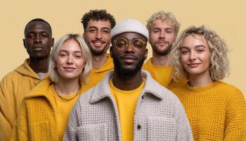 Diverse fashion-forward friends posing together studio portrait warm tones group community vibe photo