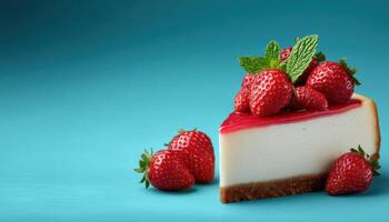 Indulge in new york-style strawberry cheesecake slice vibrant color palette dessert photography studio setting photo