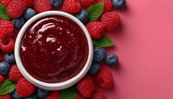 Luscious berry sauce in a glossy bowl surrounded by fresh raspberries and blueberries food photography bright environment photo