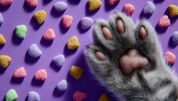 Playful kitten pawing at colorful treats on purple surface fun pet photography indoor setting close-up view photo