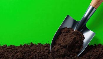 Shovel digging soil vibrant green background close-up photography garden environment top-down view gardening concept photo