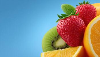 Colorful fresh fruit display kitchen counter food photography bright environment close-up view healthy eating concept photo