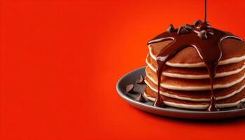 Delicious pancakes with rich chocolate sauce kitchen food photography bright red background close-up indulgence photo