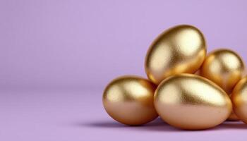 Golden easter eggs minimalist arrangement on soft surface for festive decor inspiration photo