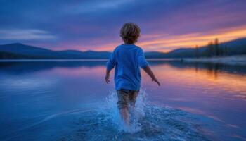 Child joyfully splashing in tranquil lake at sunset nature photography serene environment emotional view photo