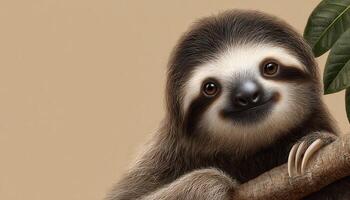 sweet baby sloth hanging from a branch in a warm environment close-up view adorable animal capture photo