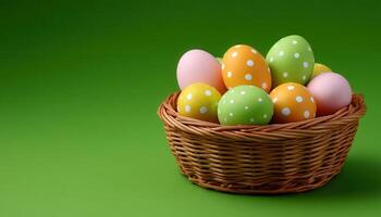 Cheerful easter egg basket display studio photography colorful close-up festive decor photo