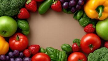 Vibrant display of fresh fruits and vegetables kitchen counter colorful collage indoor top-down view healthy eating photo